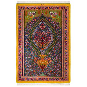 فرش دستباف ۶۰ در ۹۰ تمام ابریشم طرح گلدانی حاشیه طلایی مارک عربلو کد D02635G
