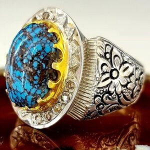قیمت و خرید انگشتر مردانه فیروزه نیشابوری طبیعی عنکبوتی رکاب نقره 925 دست ساز مزین به برلیان