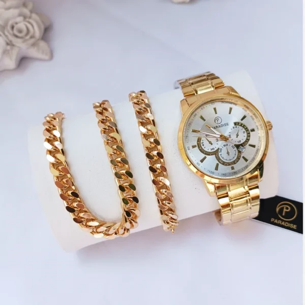 قیمت و خرید ساعت مچی مردانه دستبند گردنبند طلایی ست - Image 1