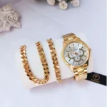 قیمت و خرید ساعت مچی مردانه دستبند گردنبند طلایی ست - Image 4