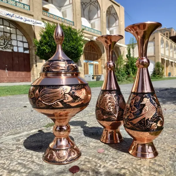 قیمت و خرید ست گلدان و شکلات خوری مسی مدل الماس تراش ارتفاع 30 - Image 3